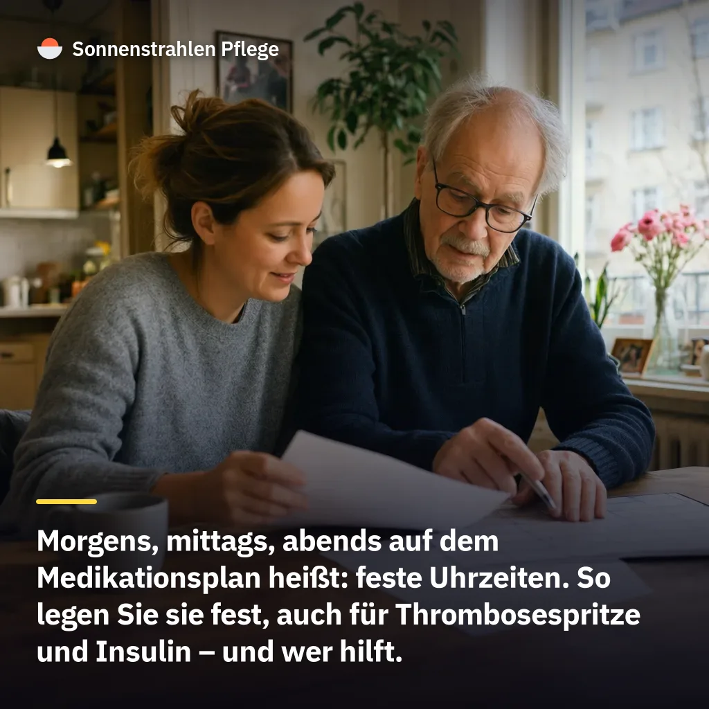 8, 13 und 19 Uhr statt „morgens, mittags, abends“ – feste Uhrzeiten für Tabletten, Thrombosespritze und Insulin