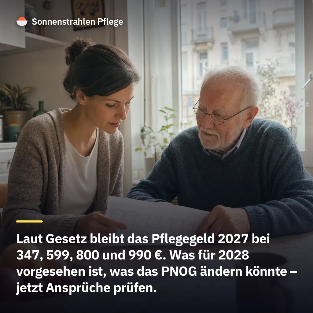 347 € bis 990 € Pflegegeld gelten laut Gesetz auch 2027 – die nächste Erhöhung ist für 2028 vorgesehen